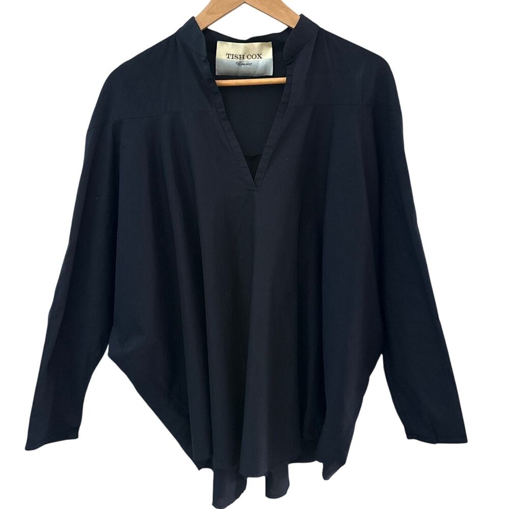 Tish Cox Navy Blue‎ Oversized Dolman Sleeve Frayed Hem Silk Top Size Medium